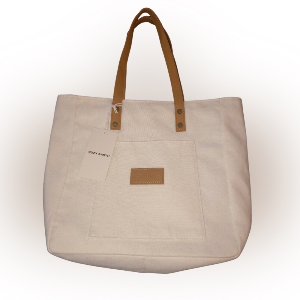 NWT Cozy Earth Off White Travel Tote Bag w/ Tan Faux Leather Handles – 12x12 - Picture 1 of 4